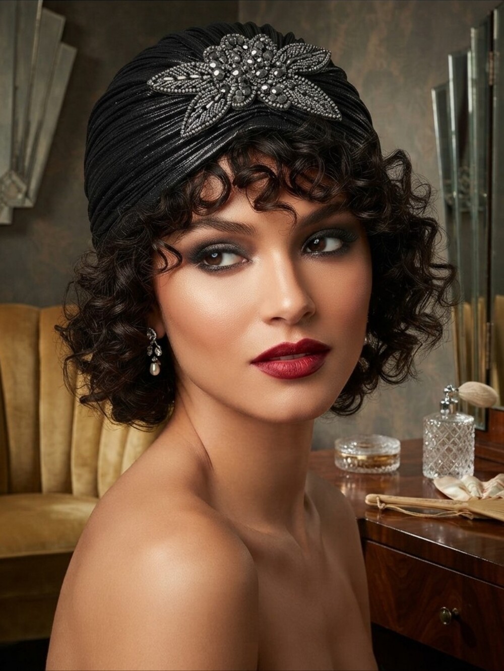 Gatsby Turban Black Pleated Flapper Hat Rhinestone Flower